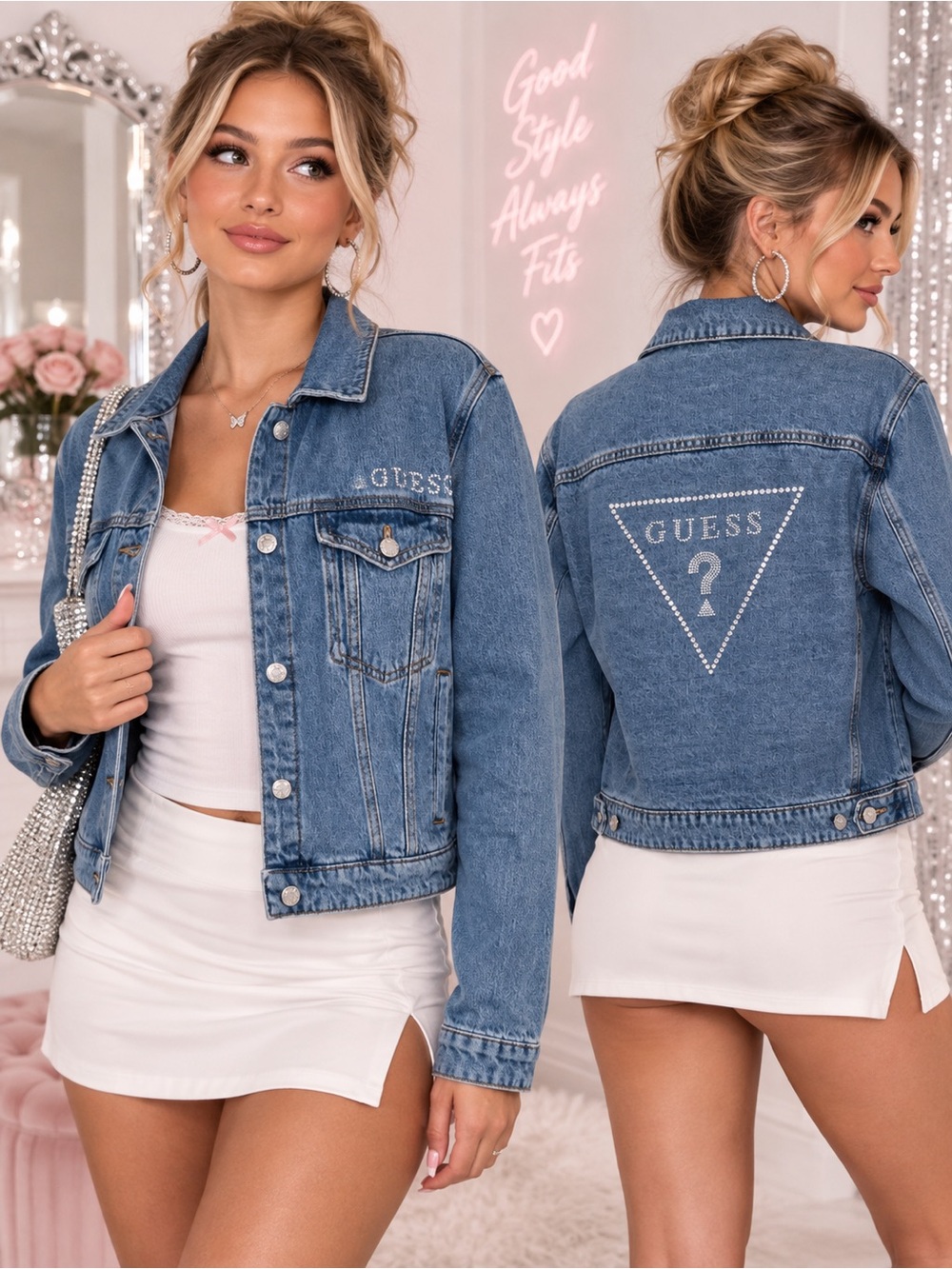NWOT Guess Rhinestone Logo Denim Jacket XL – Y2K McBling